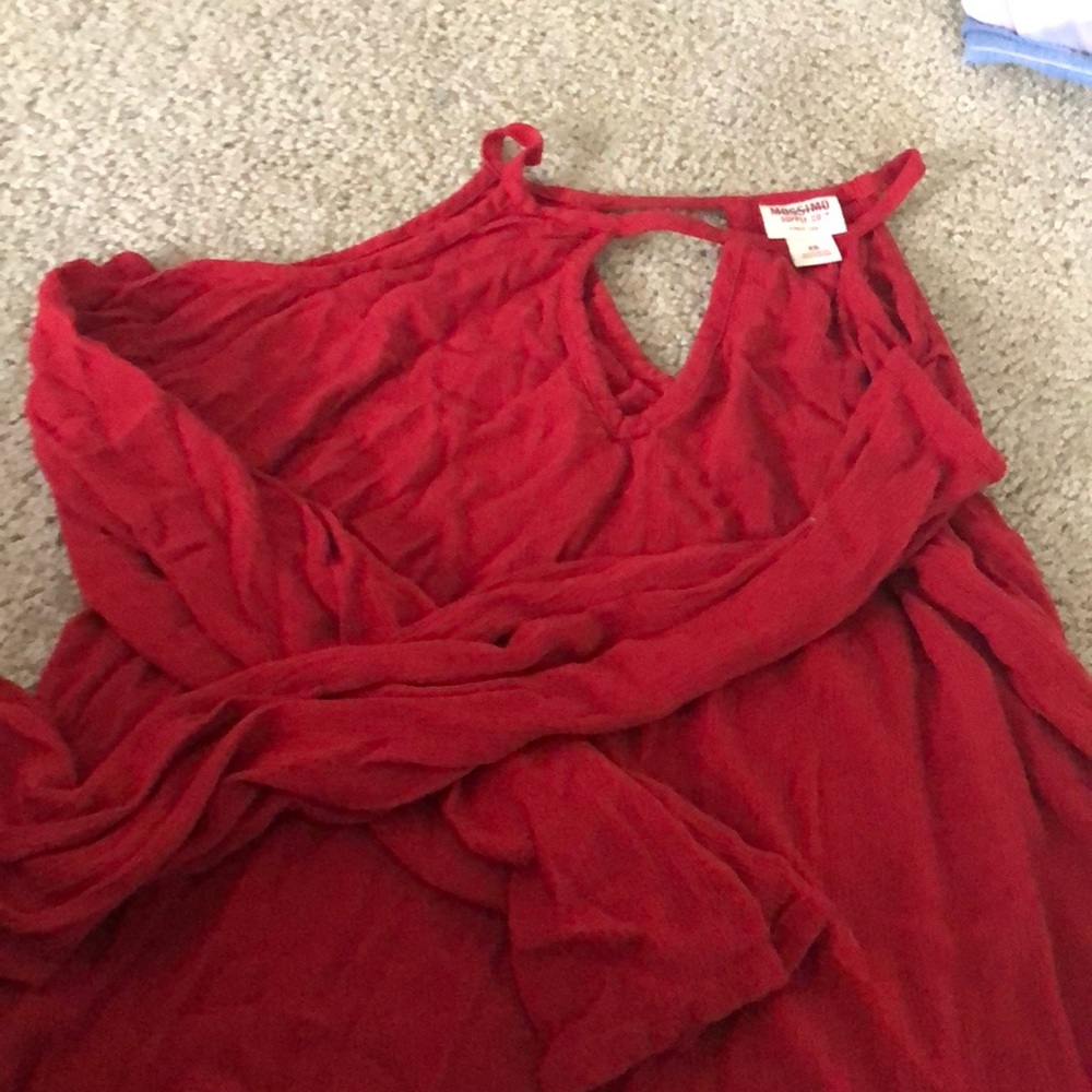 Red Half Shoulders Long Sleeve Shirt